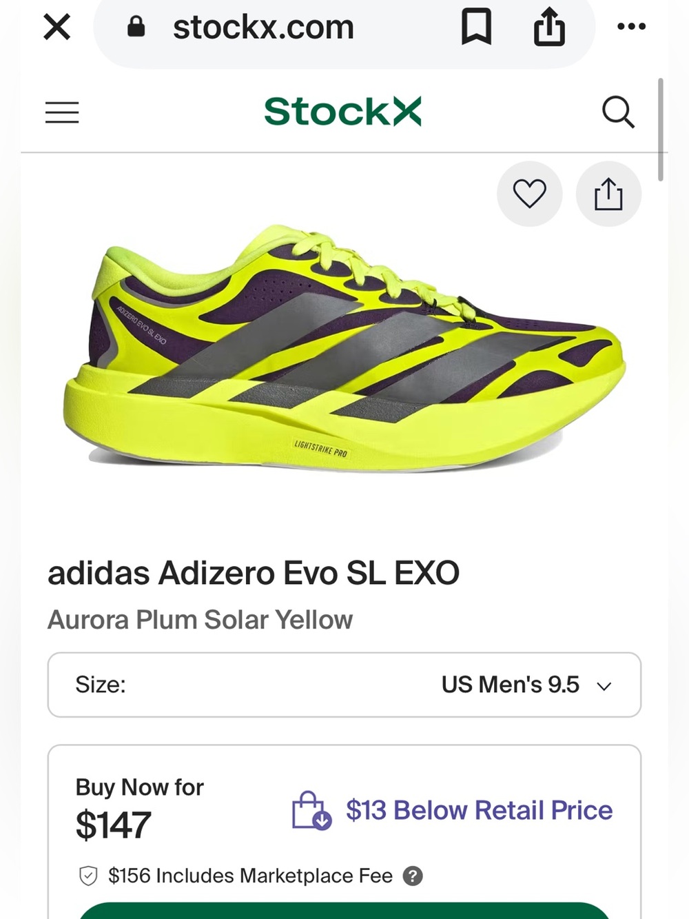Adidas Men’s Yellow Adizero EVO SL EXO Sneakers, KI4772